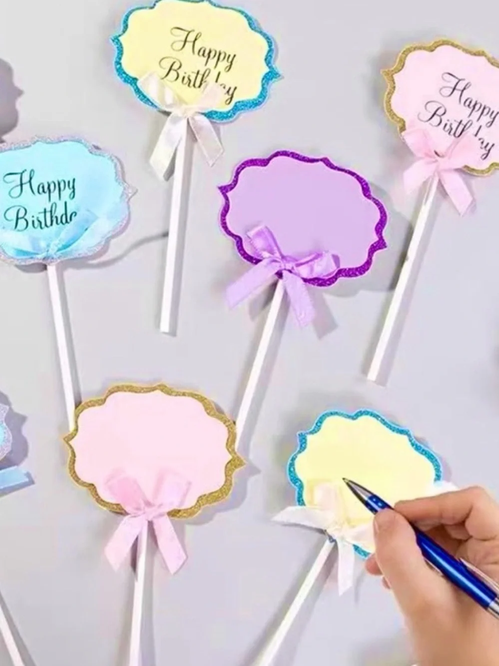 💞 New Pack of 10 Yellow & Blue Glitter Buffet Food Label Cupcake Toppers